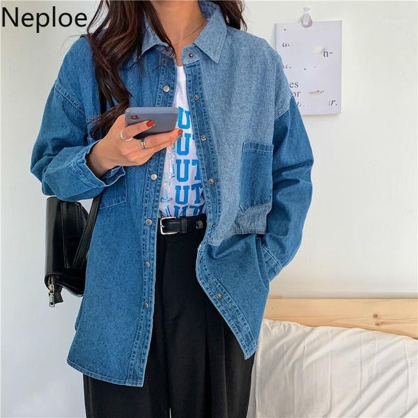 

neploe korean causal women demin blouse fashion contarst color patchwork long sleeve jeans shirt 2020 new cowboy 590931, White
