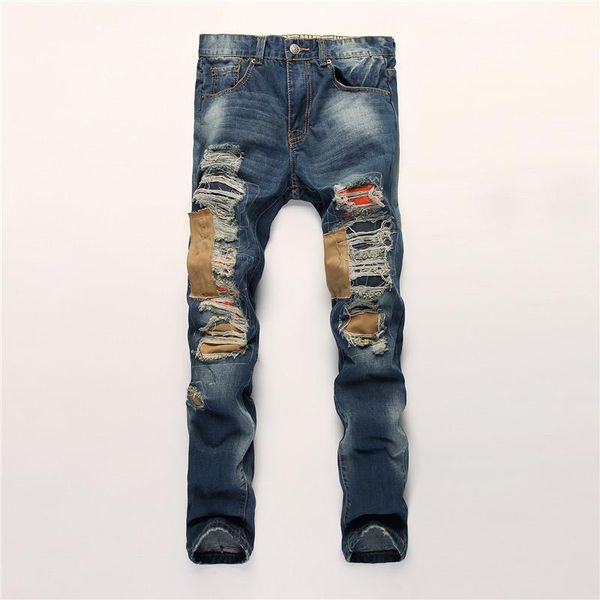 

men's jeans 2021 fashion high-end trendy brand-name patch decoration european and american straight-type slim trousers men, Blue