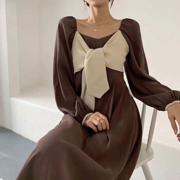 

vintage designer dress women elegant patchwork party dress office lady korean one-piece midi 2020 autumn women's clothing1, Black;gray