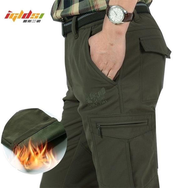 

winter fleece shark skin thick warm waterproof cargo pants men's casual tactical military breathable baggy jogeer long trousers 201113, Black