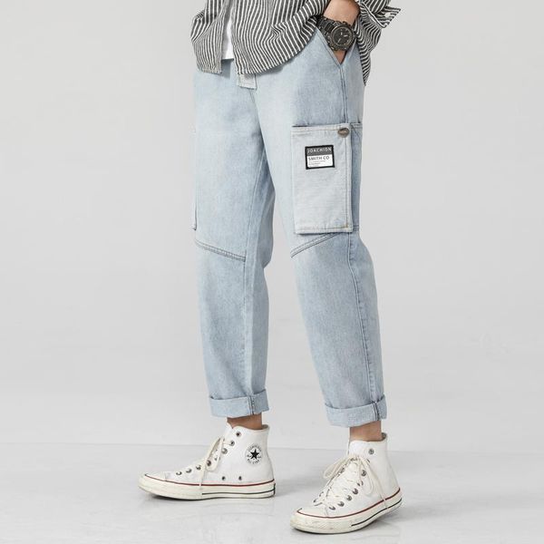 

men's pants streetwear men jeans side-pocket casual denim trousers solid harem, Black