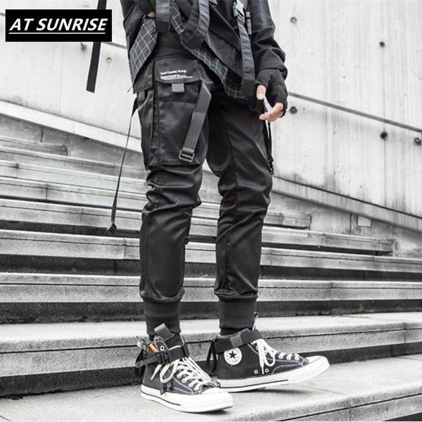 

2020 new ribbons cargo pants men black pocket streetwear harajuku techwear pants hip hop trousers harem joggers sweatpants black1