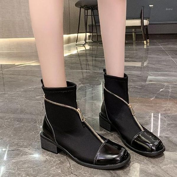 

boots winter ladies low-heel women party round head shoes artificial pu fashion thick heel heels 20211, Black