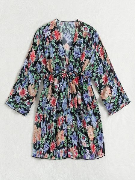 

allover floral print chiffon tie front kimono t2rn#, White;black