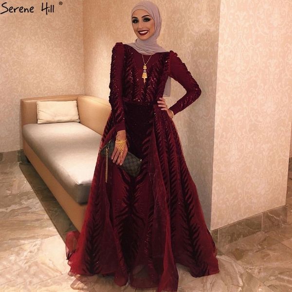 Бархатное вино красные вечерние платья длинные рукава роскошный дизайн бисером формальное платье 2020 безмятежный холм плюс размер LJ201124