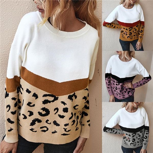 

fashion leopard patchwork autumn winter 2020 ladies knitted sweater women o-neck full sleeve jumper pullovers khaki brown, White;black