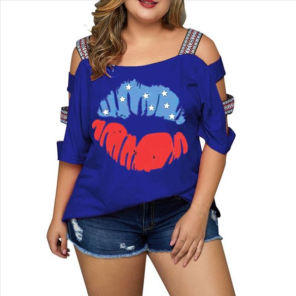 

women plus size casual flag print off shoulder slings sleeve t shirt women comfortable clothes summer gm, White