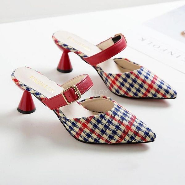 

women shoes slip-on pointed toe pump heel sandals slippers pumps buckle classic lattice decoration zapatillas mujer casa, Black