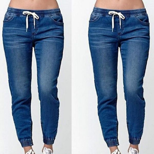 

ripped jeans for women full length pencil pants regular cotton elastic waist lace up vintage washed bleached mid waist1, Blue