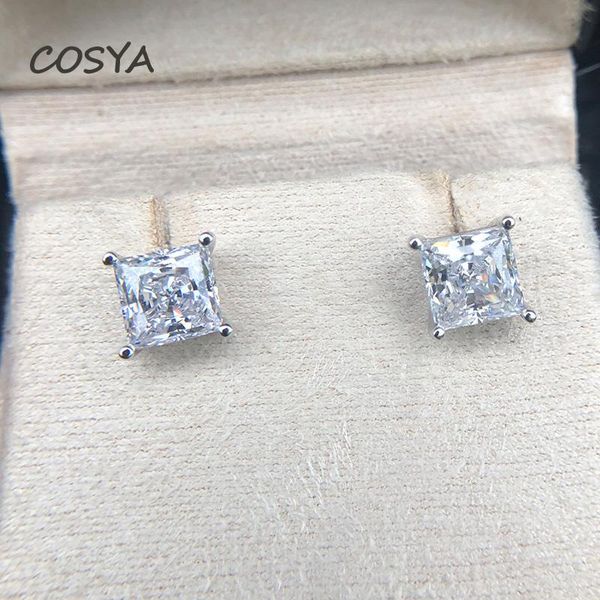 

stud cosya 7*7mm square women engagement shinning authentic 100% 925 sterling silver earrings high carbon diamond fine jewelry, Golden;silver