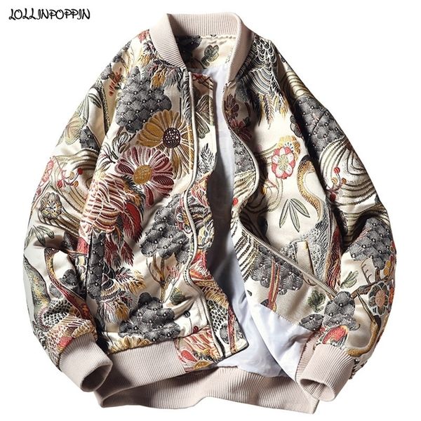 Япония стиль цветочный кран вышивка мужчины бомбардировщик куртка стойки воротник уличный вариант бейсбольное пальто плюс размер 201118