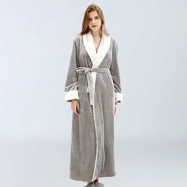

2021 new plus size women winter long nightgowns solid female flannel bath robes thicken v neck ankle length with sashes sleepwear ks5s, Black;red