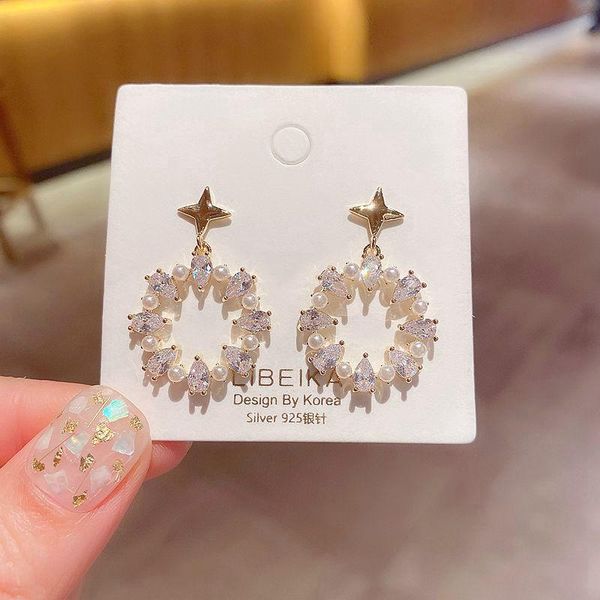 

exquisite large circle pendant star dangle earrings simulated pearl water drop cubic zircon earrings for women, Silver