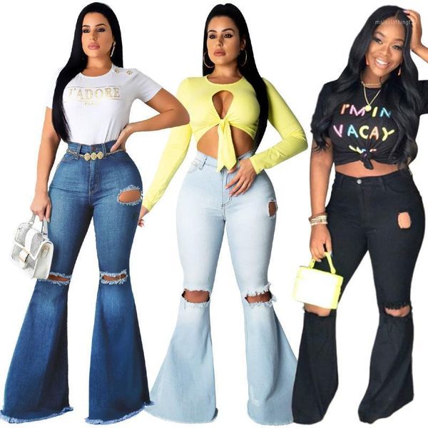 

women's jeans haoohu hole hollow out denim pants women retro ripped flare bell bottom trousers street skinny high waist lady pants1, Blue