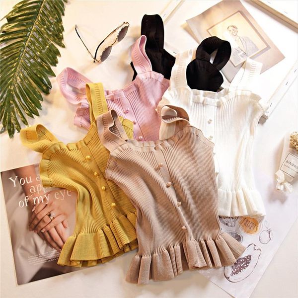 

knitted summer tank women camisole blouse sleeveless ruffles crop female t shirt vest camis 2021, White