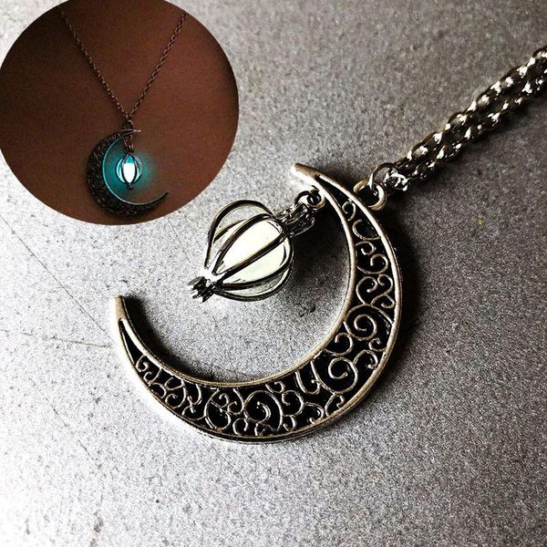 

vintage glow in the dark necklace moon star necklaces for women metal night luminous fluorescence halloween party jewelry kolye, Silver