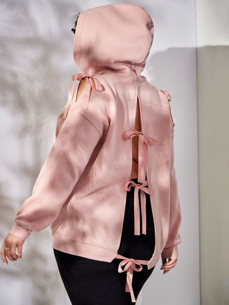 

plus bear embroidered cut out knot drop shoulder hoodie t8cs#, Black