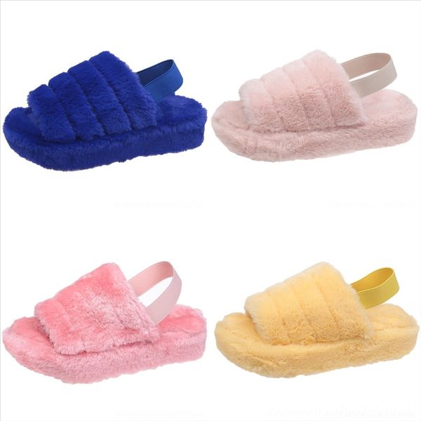 

bhbt new fashion women slip newpers warm faux fur on flop split toe shoes open toe casual brand plush slip flip outdoor flat slippers, Black