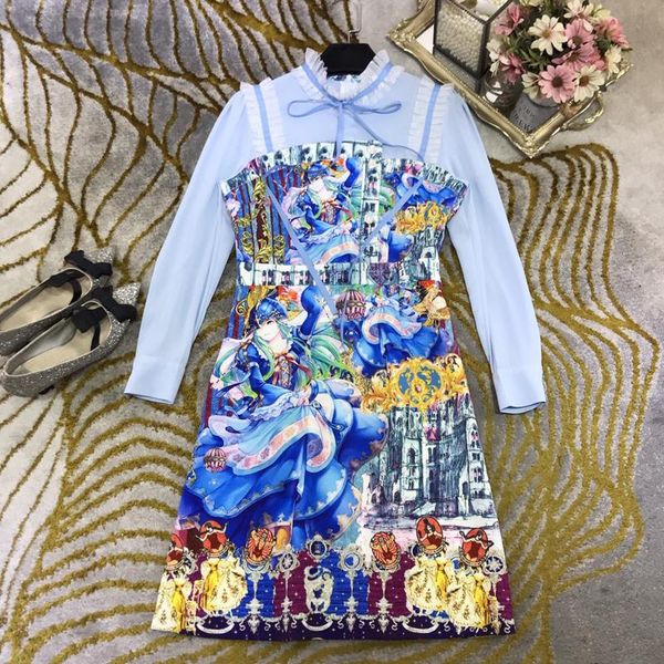 

casual dresses 12.16 high end custom spring elegant fashion ruffled collar print long sleeve dress women, Black;gray