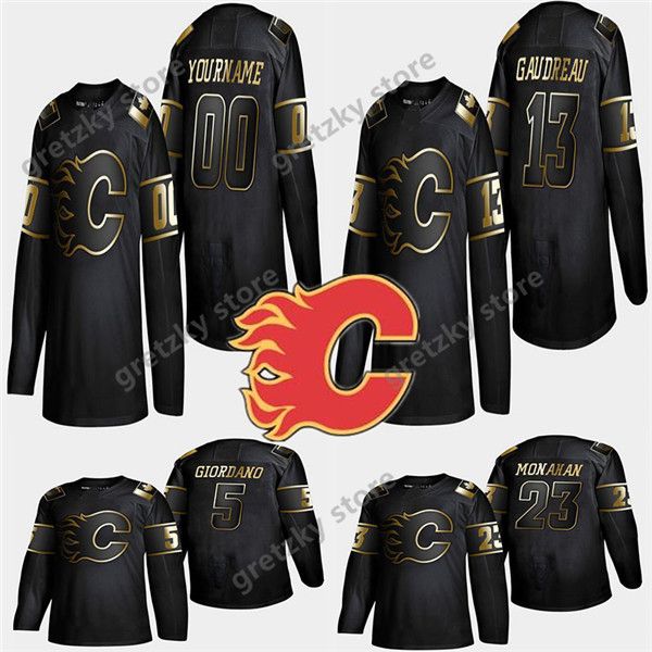 

golden edition calgary flames jersey 13 johnny gaudreau 23 sean monahan 19 matthew tkachuk customize any number any name hockey jerseys, Black;red