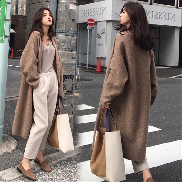 

loose knit woolen cardigan sweater 2021 fashion long sleeve warm solid color women casual coats autumn long cardigan outerwear, White;black