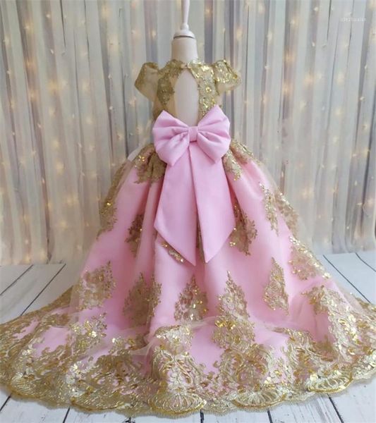 

girl's dresses pink gold lace beads flower girl dress cap sleeve infant toddler first birthay big bow headpiece1, Red;yellow