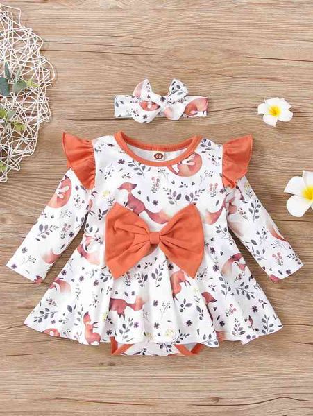 

baby cartoon and plant print ruffle trim bow front bodysuit with headband she, Blue