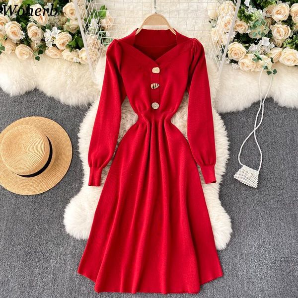 

casual dresses woherb knit dress women chic single breasted slim waist vestidos square collar long sleeve robe woman temperament red, Black;gray
