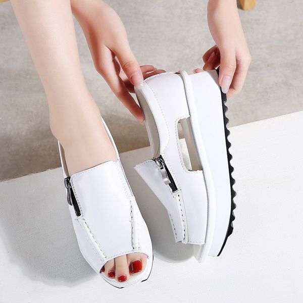 

2019 summer women platform sandals shoes genuine leather ladies wedges sandals open toe zipper sandalias shoes for women 8332 y200702, Black