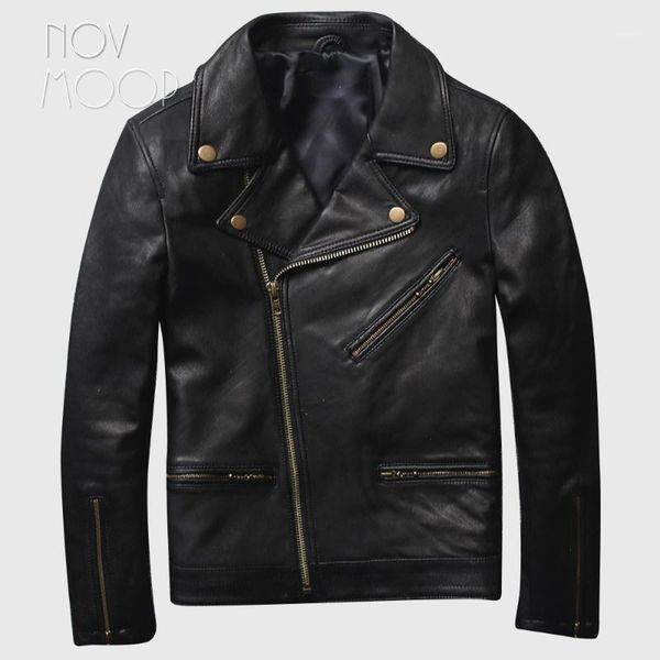 

men off-center zipper black genuine leather goatskin motorcycle biker jackets coats plus size jaqueta de couro deri ceket lt24521