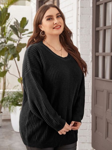 

plus ribbed knit drop shoulder oversized sweater u3wz#, Black