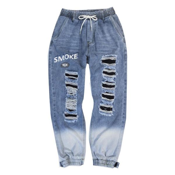 

moruancle men's fashion destroyed jeans joggers with holes hi street ripped hip hop denim trousers distressed pants, Blue