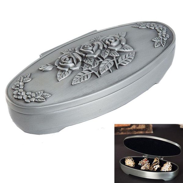 

european classical carved rose oval long women's jewelry box vintage zinc alloy wedding ring gift storage box, Pink;blue