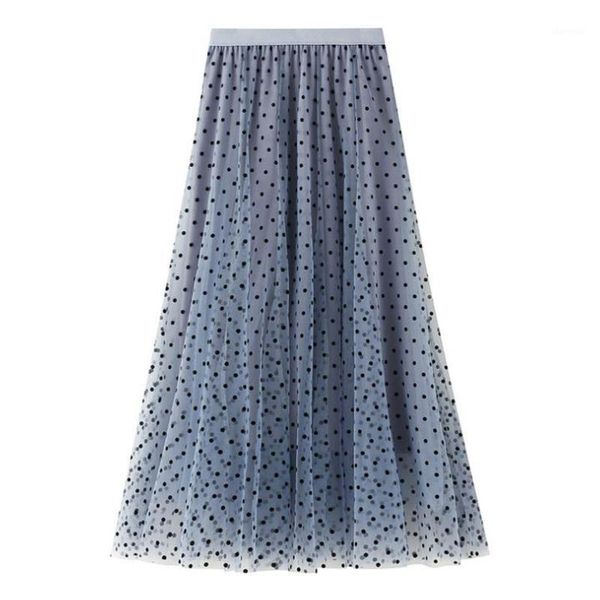 

2021 spring vintage velvet women skirts elegant elastic waist polka dot mesh pleated swing long tulle skirt jupe femme1, Black