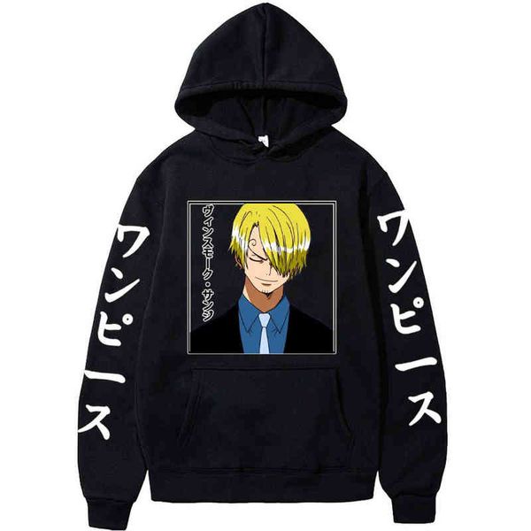 Anime One Piece Hoodie мужская Harajuku Pullover Vinsmoke Sanji Fullshirts с длинным рукавом Свободная уличная одежда Hoodie Tops H1227