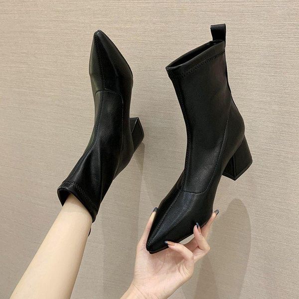 

boots lady women shoes autumn boots-women winter footwear high heel pointy rubber ankle 2021 rock med rome riding, Black