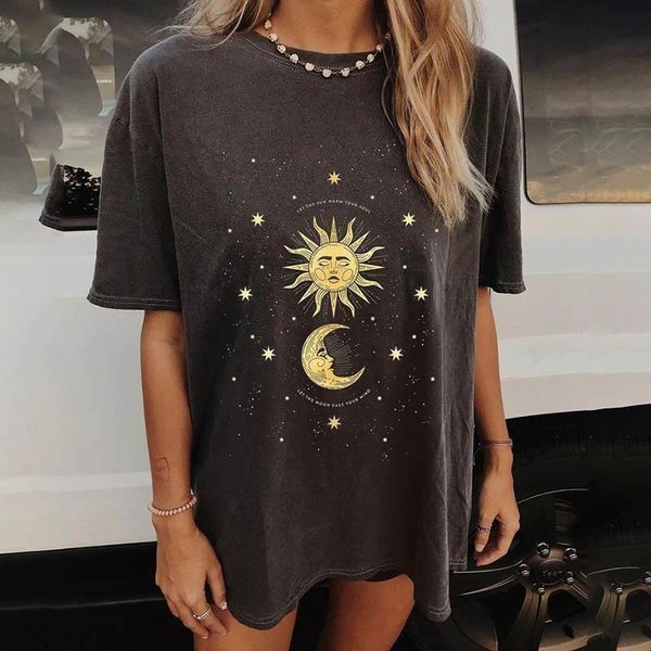 

harajuku summer sun printed t shirt for women short sleeve casual female clothing loose mid-long streetwear black t-shirts, White