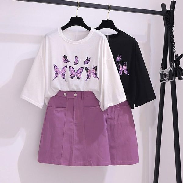 

summer casual two piece set women o-neck short sleeve loose butterfly t shirt + hight waist rose pocket short skirt suits female1, White