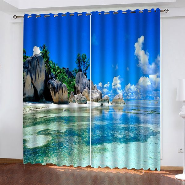 

High quality custom 3d curtain fabric blue landscape curtains soundproof windproof curtains