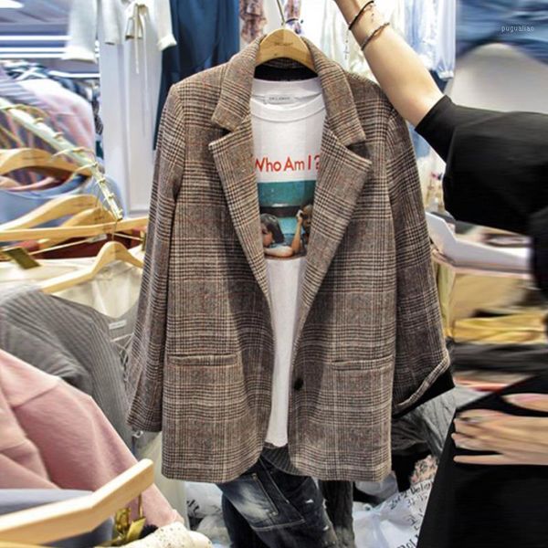

2020 spring new lattice retro small suit female wild jacket long sleeve casual plaid lapel suit women blazers and jackets1, White;black