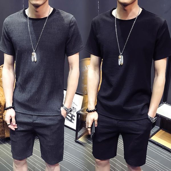 

shortsleeved style handsome with chao tshirt leisure fivesleeve summer baitao mens brand set korean fashion suit fichn, Black