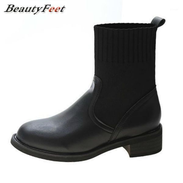 

boots strech fabric sock square heels platform shoes ankle for women woman solid black leather autumn winter1