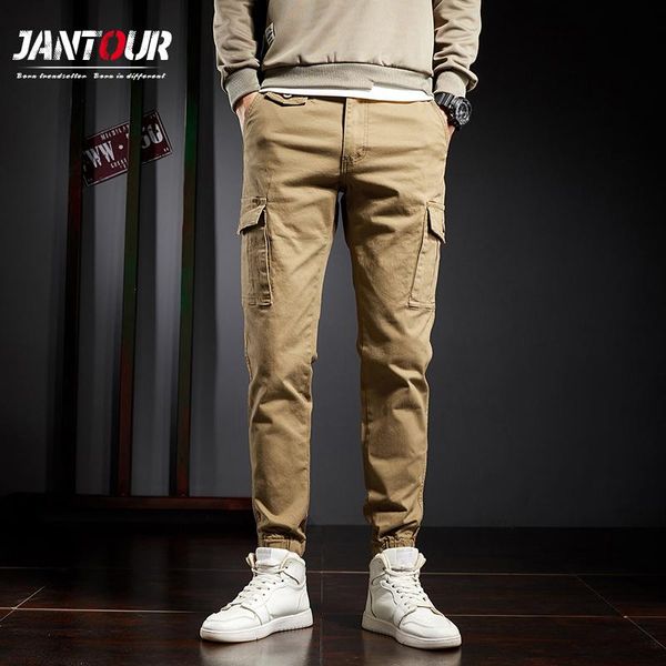 

men's pants jantour brand mens cargo men overalls 2021 cotton male loose multi-pockets harem trousers homme 28-38, Black