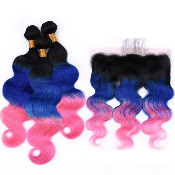 

#1b blue pink ombre lace frontal closure 13x4 with weaves indian human hair 3tone ombre body wave wavy 3bundles dark roots with frontal, Black
