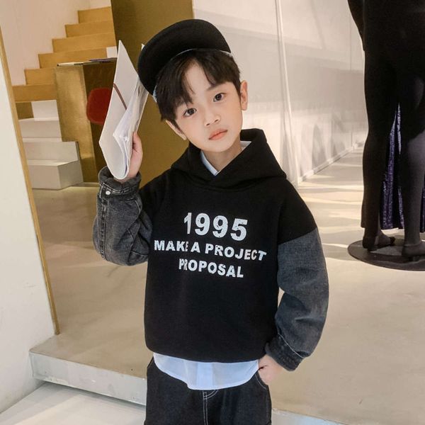 

autumn new children's winter 2021 hooded sweater korean boys' letter splicing long sve pullover fashion, Black