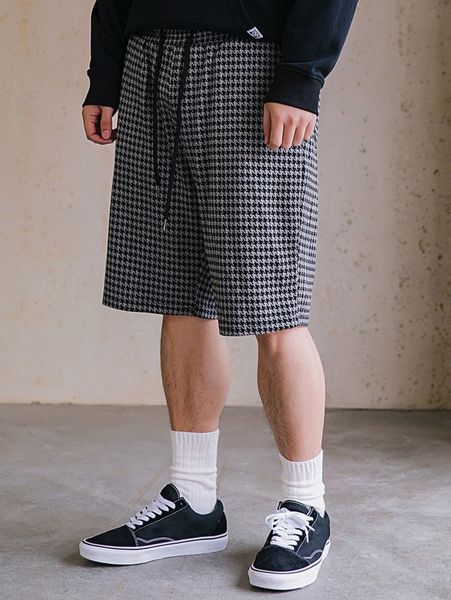 

extended sizes men drawstring waist houndstooth shorts i3nu#, Black