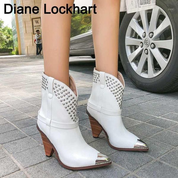 

woman fashion western boots 2020 chic leather ankle boots women metal pointed toe rivet tassel strange high heel boot mujer bota1, Black