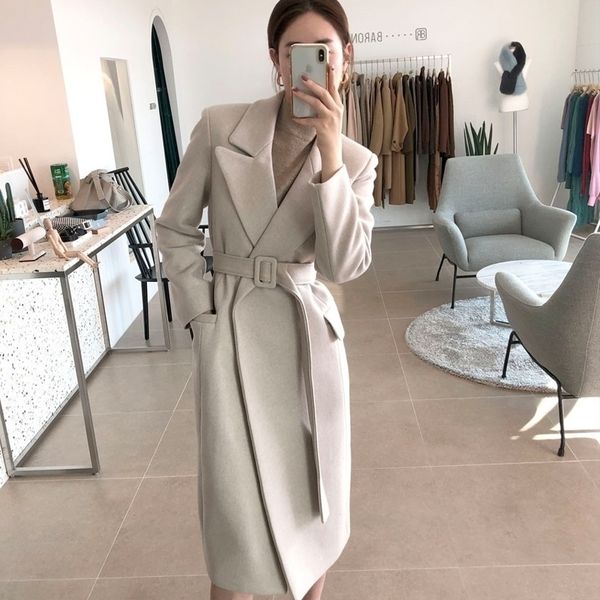 

women's long coat for autumn or warm winter lady fashion with belt 201104, Black