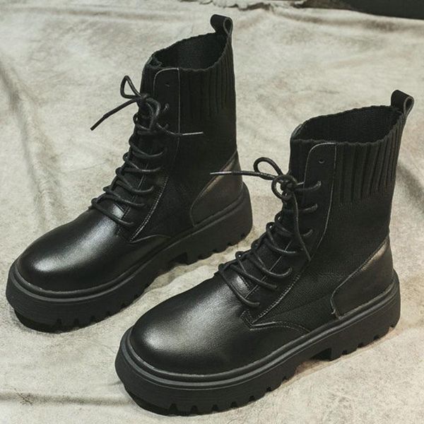 

boots retro women ankle casual high shoes lace up platform wedges botas mujer b21-79, Black