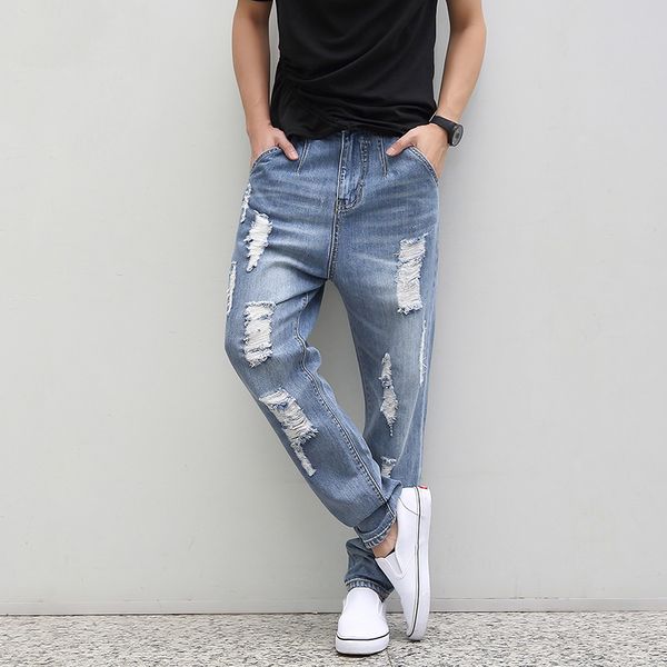 

spring autumn hole men's denim harem pants plus size elastic waist male jeans loose casual fashion trend fat trousers mk0136, Blue
